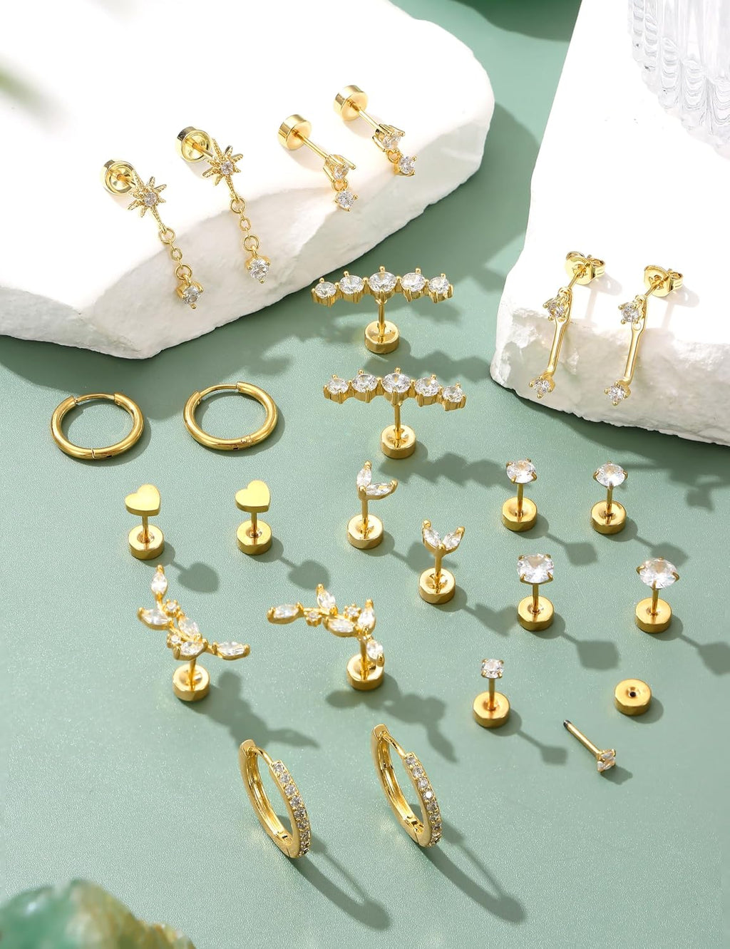 LOLIAS Hypoallergenic Flat Back Earrings-Cartilage Earring Stacks-Surgical Steel Earrings for Sensitive Ears - Small Stainless Steel Flatback Stud Hoop Earring Sets for Helix Tragus Conch Daith Multiple Piercing Jewelry Trendy
