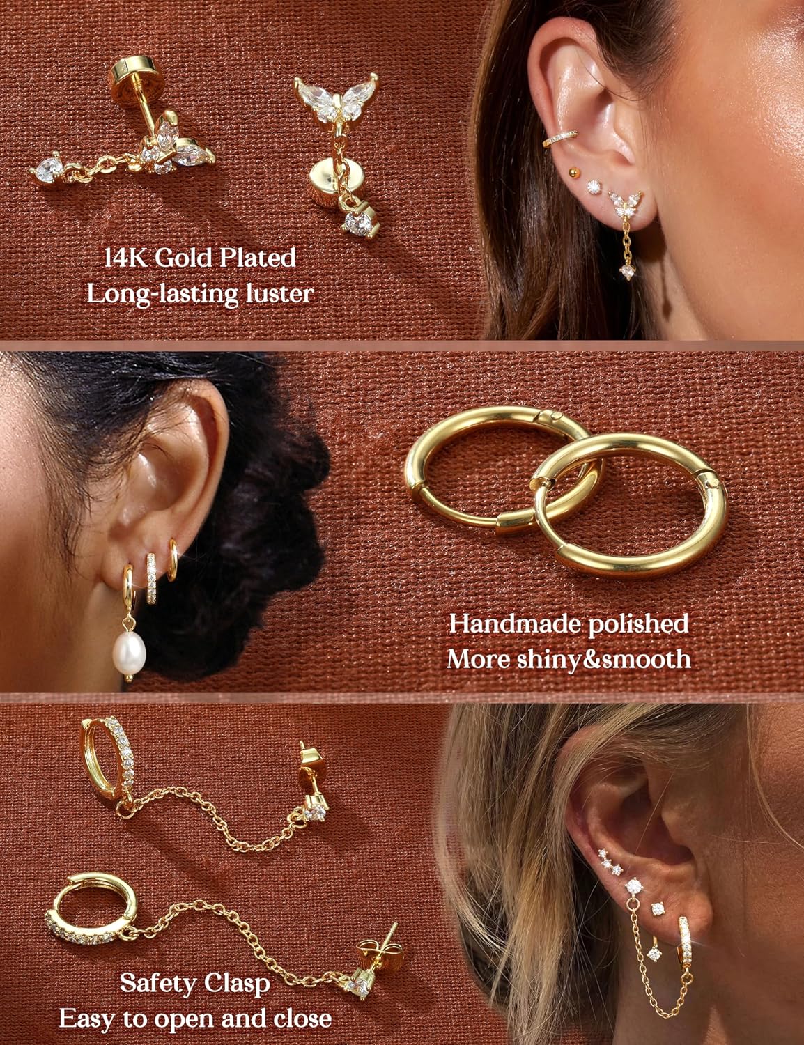 LOLIAS Hypoallergenic Flat Back Earrings Set for Women-Surgical Stainless Steel Earrings for Sensitive Ears-14K Gold Plated Chain Cartilage Earring Stacks Flatback Stud Hoop Earring Sets for Multiple Piercing Jewelry