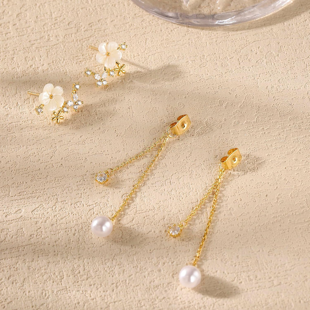Dangle Pearl Drop Gold Earrings for Women Flower Wedding Jewelry | Dangling for Brides, Prom, Long Threader Chain, Trendy, Dainty, Sparkly CZ, Gifts for Women