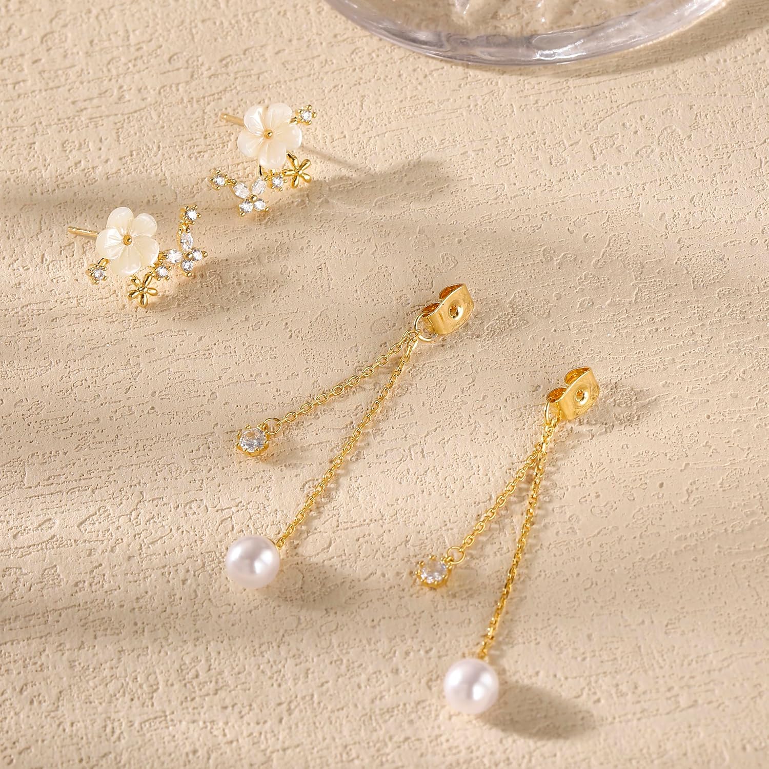 Dangle Pearl Drop Gold Earrings for Women Flower Wedding Jewelry | Dangling for Brides, Prom, Long Threader Chain, Trendy, Dainty, Sparkly CZ, Gifts for Women