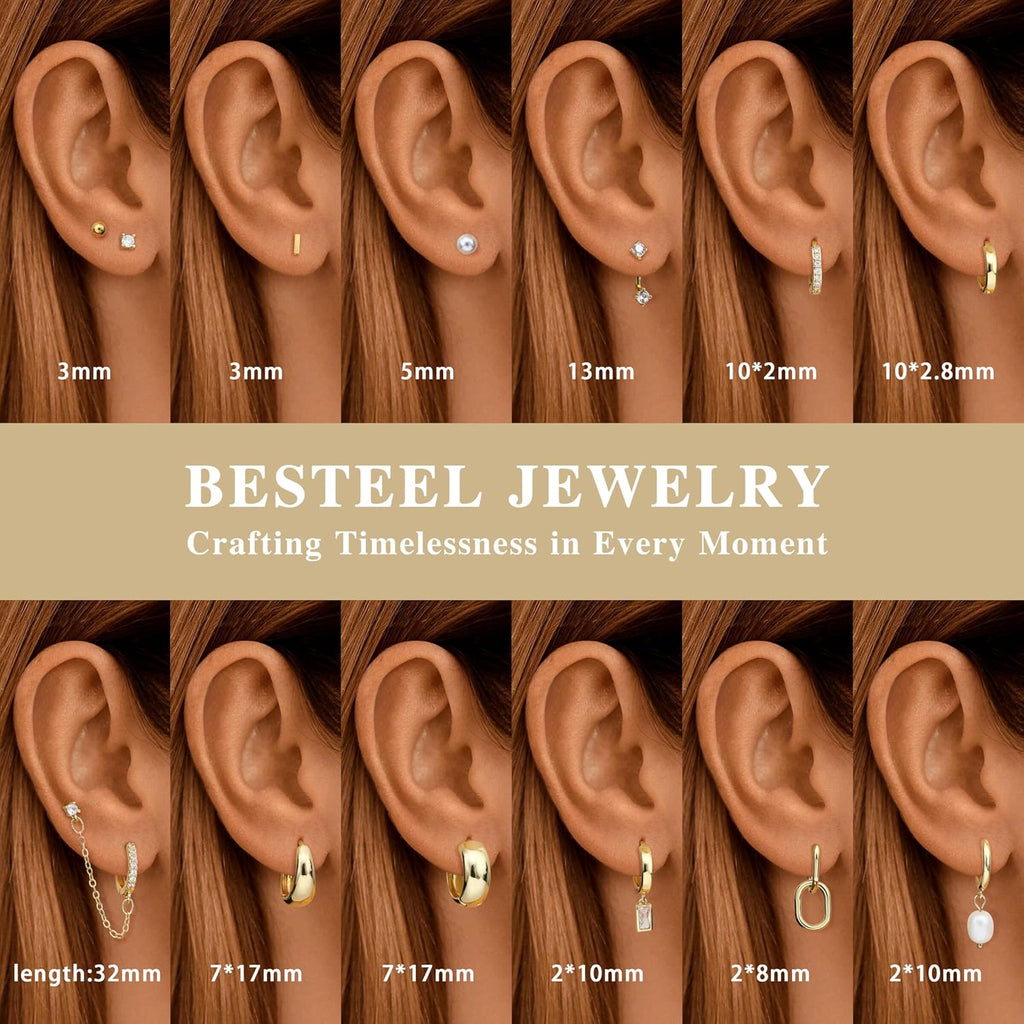 BESTEEL 13 Pairs Small Stud Hoop Earrings Set for Women, Gold Earrings Pack | Hypoallergenic Surgical Steel, 14K Gold Plated, Dainty Huggie Hoops Pearl Dangle Earrings, Lightweight Non Tarnish Jewelry