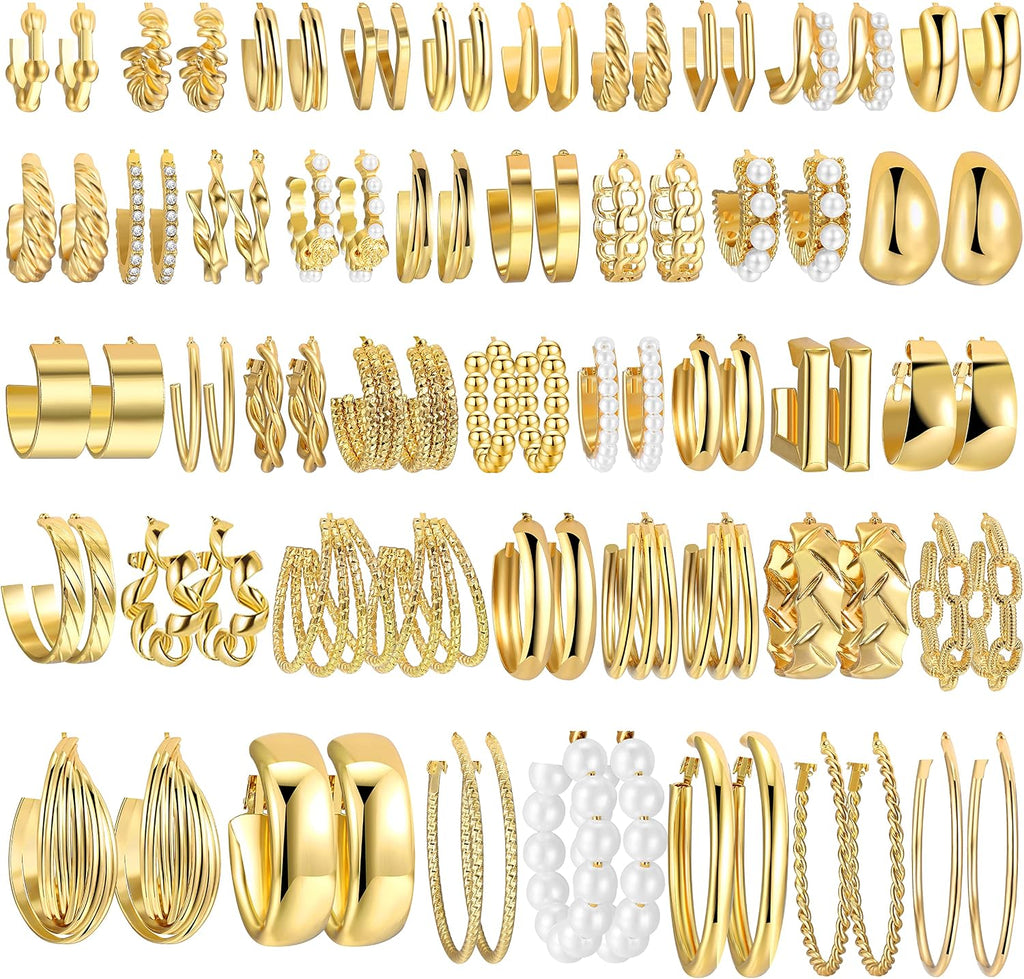 42 Pairs Gold Hoop Earrings Set for Women, Multiple Styles | Hypoallergenic Multipack Small to Chunky Hoops, Twisted Trendy Earrings for Everyday Wear Mothers Day Gifts