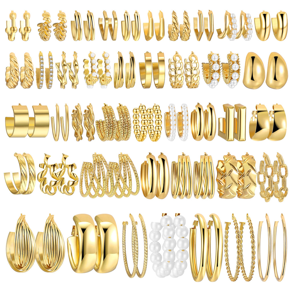 42 Pairs Gold Hoop Earrings Set for Women, Multiple Styles | Hypoallergenic Multipack Small to Chunky Hoops, Twisted Trendy Earrings for Everyday Wear Mothers Day Gifts