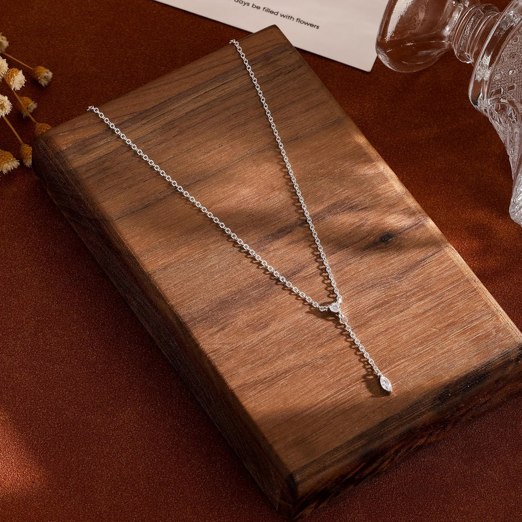 Silver Necklace for Women Dainty Long Y Lariat CZ Leaf Drop Jewelry | Silver Plated Y-Shaped Chain, Cubic Zirconia Leaf Pendant, Trendy Simple Prom Wedding Summer Jewelry Gifts