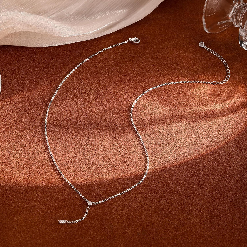 Silver Necklace for Women Dainty Long Y Lariat CZ Leaf Drop Jewelry | Silver Plated Y-Shaped Chain, Cubic Zirconia Leaf Pendant, Trendy Simple Prom Wedding Summer Jewelry Gifts